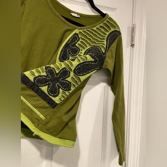 Mexicali Blues Size S Green Mixed Fabric Embroidered Boho Long Sleeve Top - Picture 4 of 11